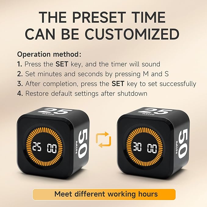 Rotating Productivity Timer 5, 25, 10, 50 Minutes Preset, Desk Cube w/Gravity Sensor for ADHD, Mute Functions, Ideal for Work, Study, Kitchen, Back to School (1, Black)