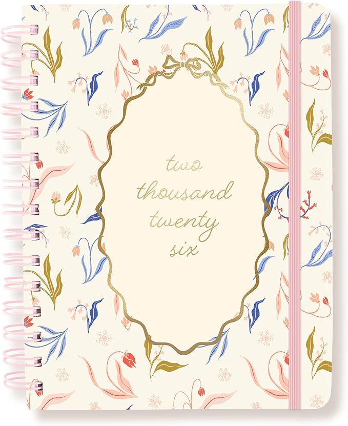 18 Month Planner/Calendar by Graphique, July 2025 – Dec. 2026 White Floral Hardbound Spiral Planner, Monthly Tabs, Holidays, Reminder Stickers, 6” x 8”
