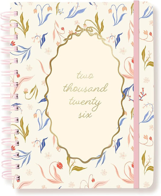 18 Month Planner/Calendar by Graphique, July 2025 – Dec. 2026 White Floral Hardbound Spiral Planner, Monthly Tabs, Holidays, Reminder Stickers, 6” x 8”