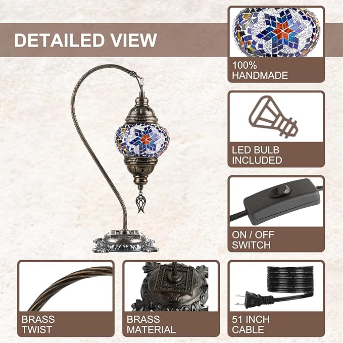 Kafthan Turkish Moroccan Mosaic Lamp – Handmade Glass Swan Neck Bedside Lamp with Antique Brass Base, Ideal Decor for Bedroom, Office, Living Room – Bulb Included (Red & Navy Center Star)