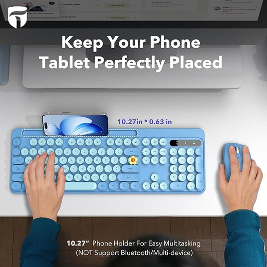 Wireless Keyboard and Mouse Combo, Retro Round Keycaps, Full-Size Cute Typewriter Keyboard with Large Phone/Tablet Holder, Auto-Sleep, 2.4GHz Cordless Connection for Windows/PC/Laptop (Sky Blue)