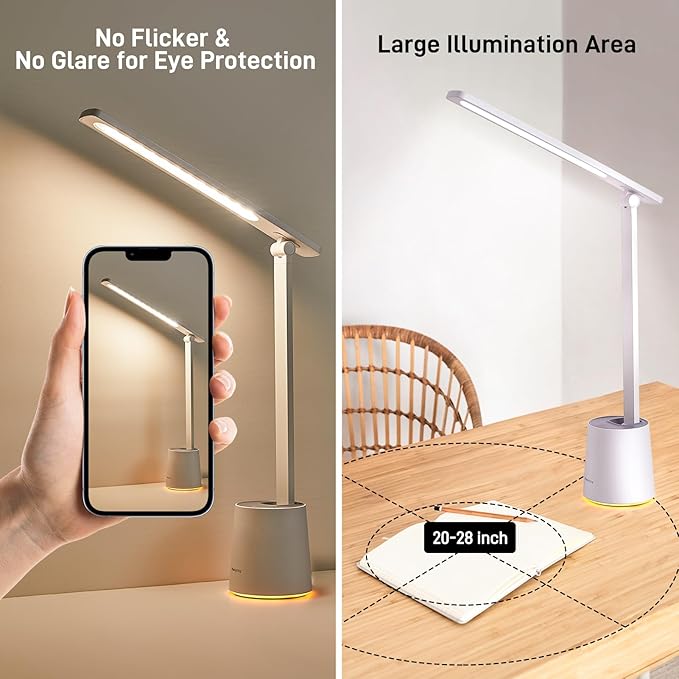 Pak LED Desk Lamp, Dimmable Eye-Caring Desk Light with 5 Color Modes & Brightness Levels, Portable Small Study Reading Table Lamp with Night Mode, Touch Control, Ideal for Home Office, Dorm, White