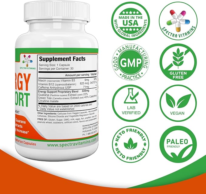 Spectra Vitamins Natural Energy Support 30 Capsules - Guarana Capsules - Vitamin B12 - Guarana and Green Tea Extracts - Citrulline Energy Supplements with Natural Energy Booster
