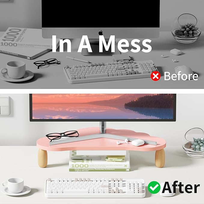 Monitor Stand Riser,Cloud-Shaped Sturdy Wood Computer Monitor Riser Wirh Drawer, Monitor Stand Riser, Multi-Purpose Desktop Organizer Riser for Computer,Laptop,Printer,TV,Pink