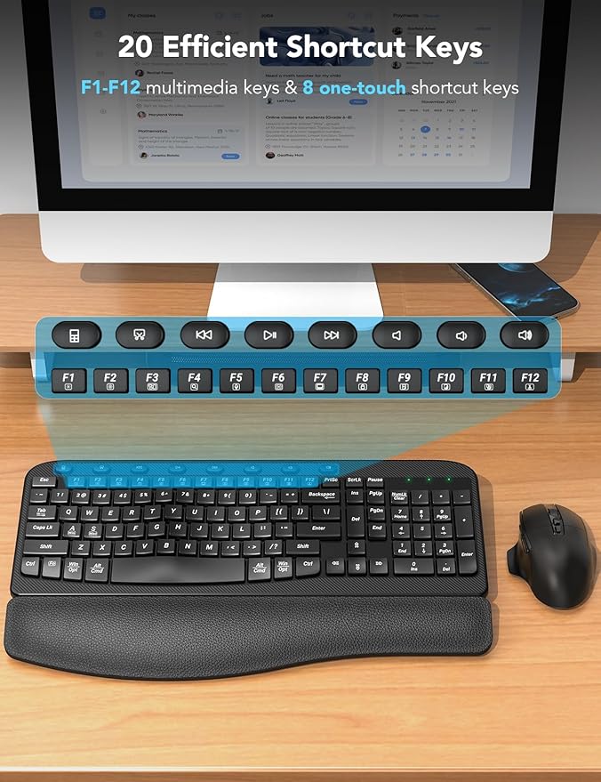 Wireless Keyboard and Mouse Combo – Ergonomic Wave Key, Built-in Leather Soft Palm Rest, 2.4G Full Size, 8 Hotkeys, 6-Button Mouse with 4-Level DPI, Dual USB-A/USB-C, Windows & macOS Compatible