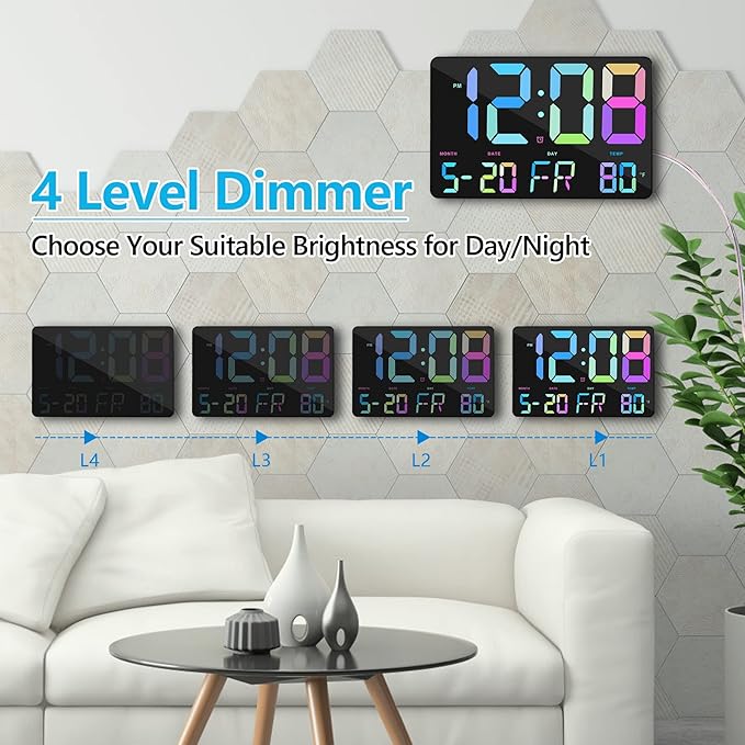 Amgico Digital Alarm Clock with Snooze, Temperature, Auto Dimming, 11.5" Large Display Calendar, Desk/Wall Clock for Bedroom, Living Room, Office, Home, Classroom, Kids, Elderly - Rainbow