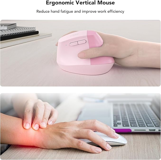 EM18 Wireless Ergonomic Vertical Mouse, Ergo Design, Bluetooth Cordless Mouse, Silent Click, 5-Level Adjustable DPI, Carpal Tunnel Mice for Computer, PC, Mac, Laptop, Pink