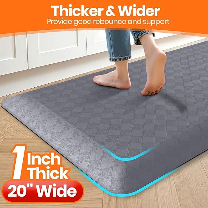 StepRite 1” Thick Kitchen Mats for Floor, Anti Fatigue Kitchen Rugs, Non-Slip,Heavy Duty Waterproof Kitchen Rug, Standing Desk Mat for Home, Kitchen, Office(Grey)
