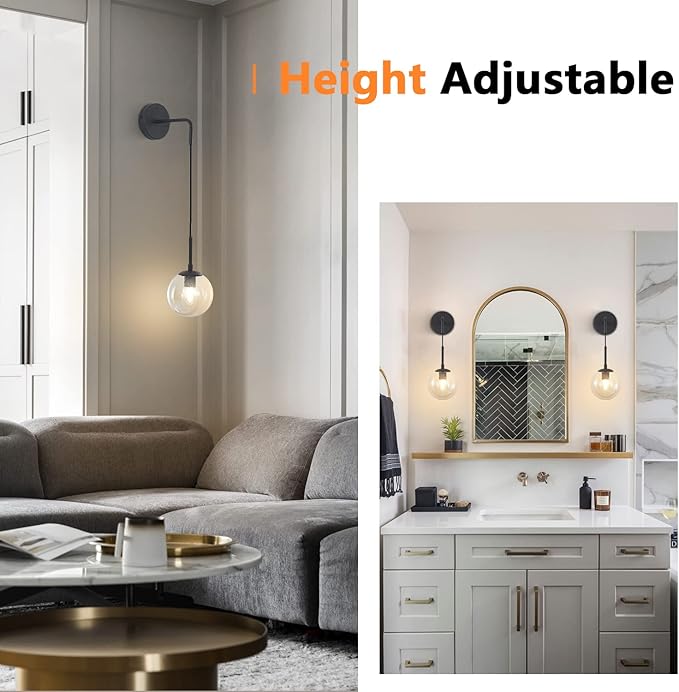 BOKT Matte Black Amber Glass Round Wall Sconce Light Mid Century Modern Globe Bathroom Wall Sconce Lamp Farmhouse Industrial Adjustable Bar Wall Light Fixture (Black+Amber)