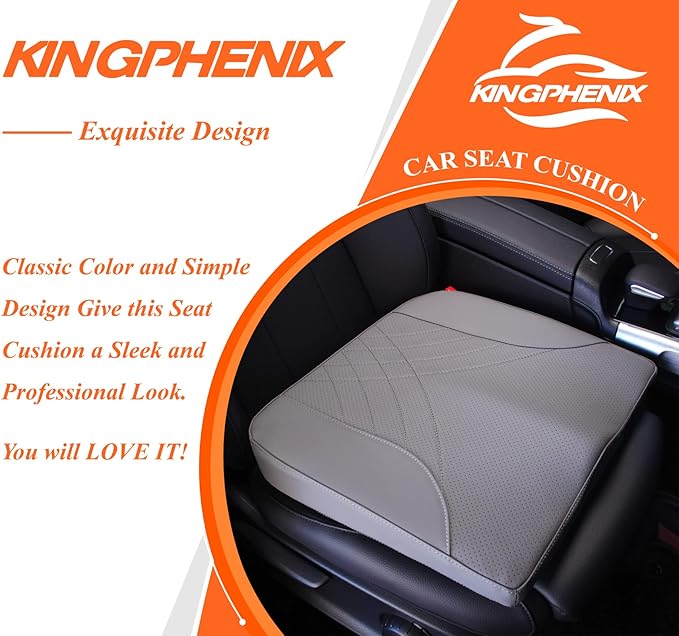 kingphenix Premium Car Seat Cushion, Memory Foam Driver Seat Cushion to Improve Driving View- Coccyx & Lower Back Pain Relief - Seat Cushion for Car, Truck, Office Chair (Gray)