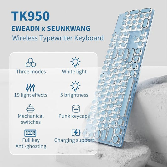 EWEADN TK950 Typewriter Keyboard Wireless Mechanical Keyboard, 104 Keys Aesthetic Typewriter Keyboards with White Backlit, Anti-Ghosting, Blue Switch Bluetooth/2.4GHz/Wired Keyboards-Blue