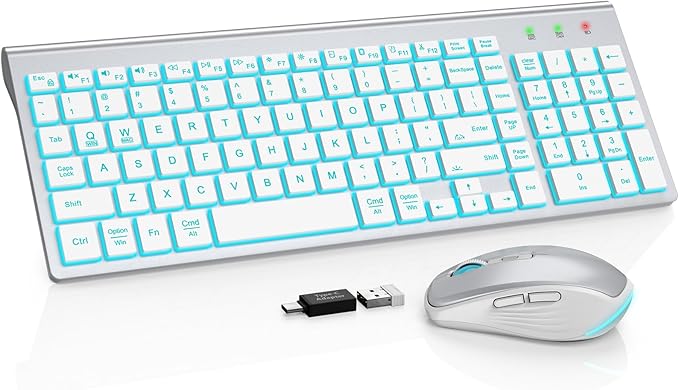 SABLUTE Wireless Keyboard and Mouse Combo Backlit - Compact Quiet Keyboard with RGB Mouse, Rechargeable, Slim, Sleep Mode, Portable Cordless Set for Mac, Windows, Laptop, PC (Silver White)