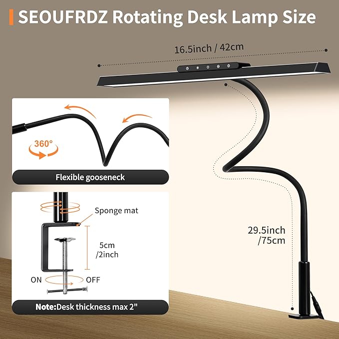 Desk Lamp, 3 Colors Stepless Dimming LED Desk Lamps for Home Office Adjustable Memory Desk Light with Clamp Touch Control Office Lamp Eye Caring Computer Light for Working Sewing(Black)