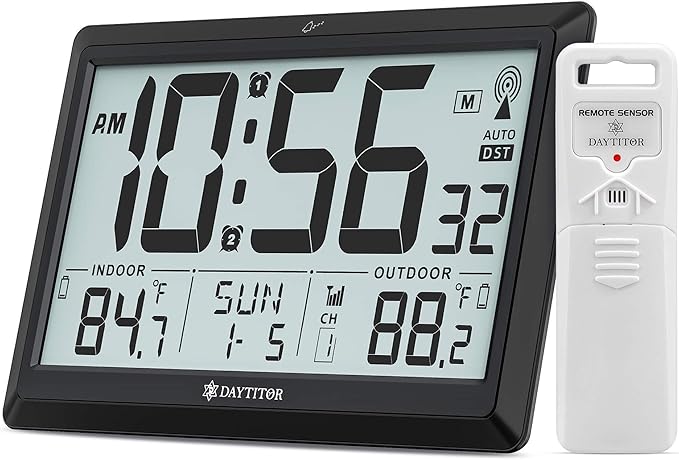 Atomic Clock with Indoor and Outdoor Temperature, Automatic Digital Clock Battery Operated, Large Display Wall Clocks or Desktop Clocks for Livingroom Office Bedroom Kitchen,Black
