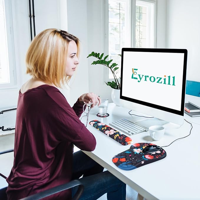 3 in 1 Ergonomic Mouse Pad and Keyboard Wrist Rest, Cute Mouse Pad with Wrist Support Massage Design, Non-Slip Wrist Pad for Mouse, Desk Mouse Set(Flower)