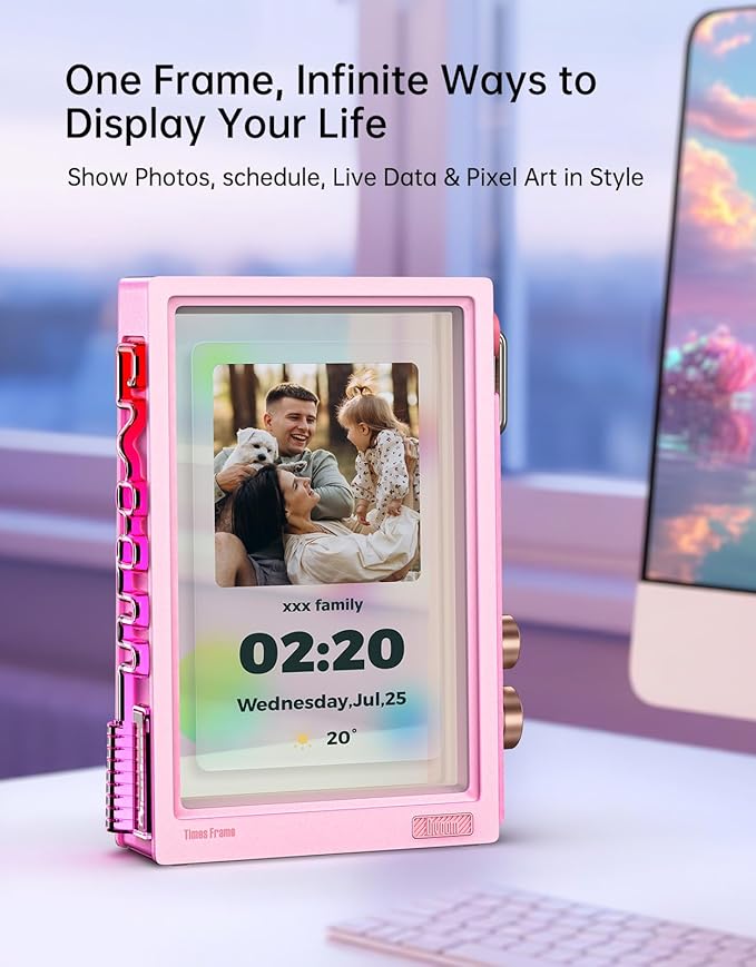 Divoom Times Frame-10.1" Digital Picture Frame Transparent IPS with RGBLED Rotary Knob WiFi 64GB 400+Clock Faces Widget 50+API Feeds Gift Mode Pixel Art Community Personalized Display (Pink)