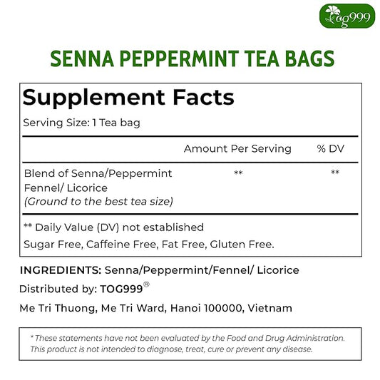 TOG999 100 Tea Bags Relieves Constipation Natural Tea, Blend of Senna Leaves - Peppermint - Licorice - Fennel, 100% Natural Ingrendients, Hand-made Herbal Tea, No Sugar, No Caffeine, No Gluten, Vegan.