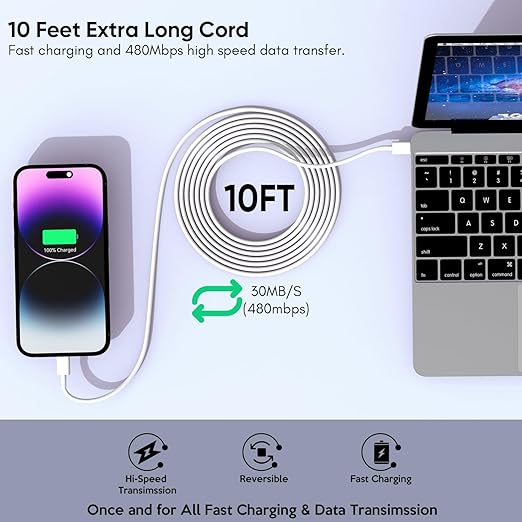 10FT iPhone Fast Charger,[Apple MFi Certified] 2Pack PD Dual Apple Fast Charger USBC Charge Block 10Foot Lightning Cable Cord Quick Charging for iPhone 14/Pro/Pro Max/Plus/13/12/11/XS/XR/X/SE2022/iPad