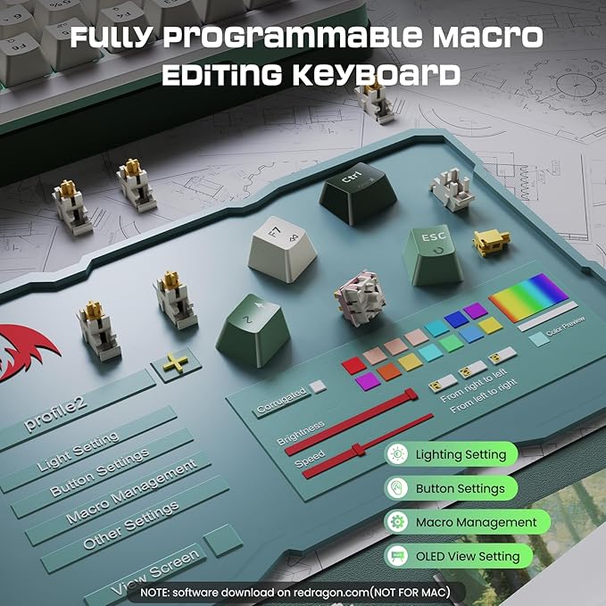 Redragon K708 Pro Wireless Mechanical Gaming Keyboard - Gasket-Mounted RGB Backlit, 81 Customizable Keys, 3-Mode (2.4G/Bluetooth/USB), Hot-Swap Pre-Lubed Switches, Screen & Control Knob - White Green