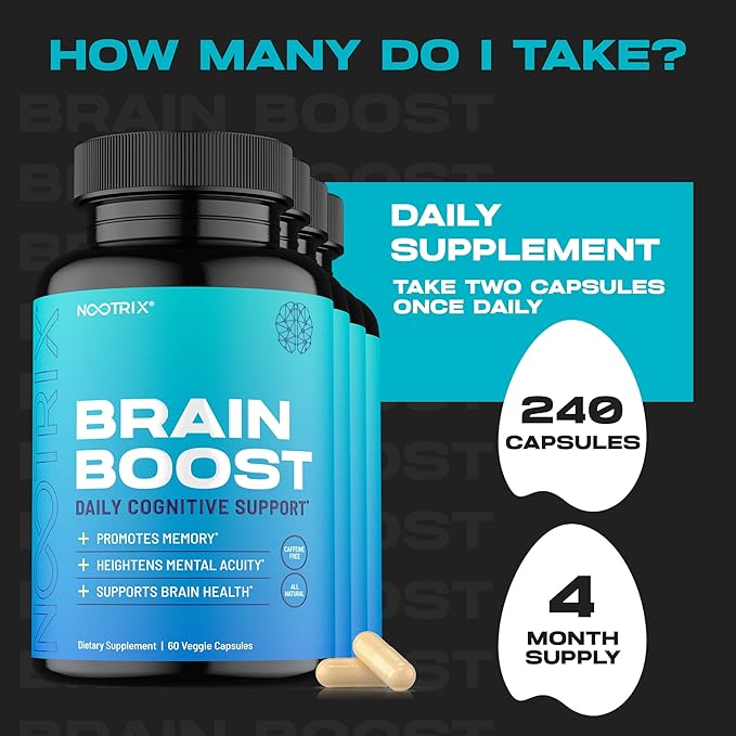 Brain Boost Nootropic Supplement | Supports Memory, Mental Focus, Cognitive Health & Energy | Caffeine-Free, Promotes Healthy Mood & Brain Function w/Gingko Biloba & DMAE | 240 Capsules