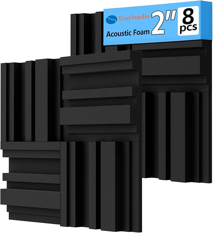 TroyStudio Thick Acoustic Foam Panels in Diffusion Pattern, 12 X 12 X 2 Inch 8 Pcs High Density Sound Absorbing Foam Diffuser Panel, Soundproof 3D Wall Padding Tile for Recording Studio Home Office