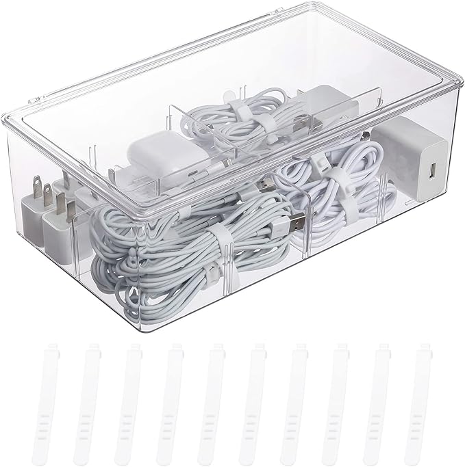 Yesesion Clear Plastic Cord Organizer Box with Adjustment Compartments, Large Cable Management Case with Lid and 10 Wire Ties for Desk Drawer, Home Office, Art Supply, Electronic Accessories (1 Pack)