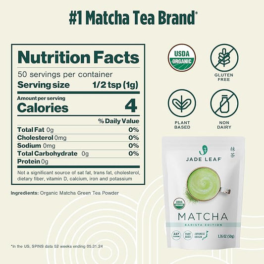 Jade Leaf Matcha Organic Ceremonial Grade Green Tea Powder - Barista Edition For Cafe Quality Tea & Lattes - Authentic Japanese Origin (1.76 Ounce Resealable Pouch)