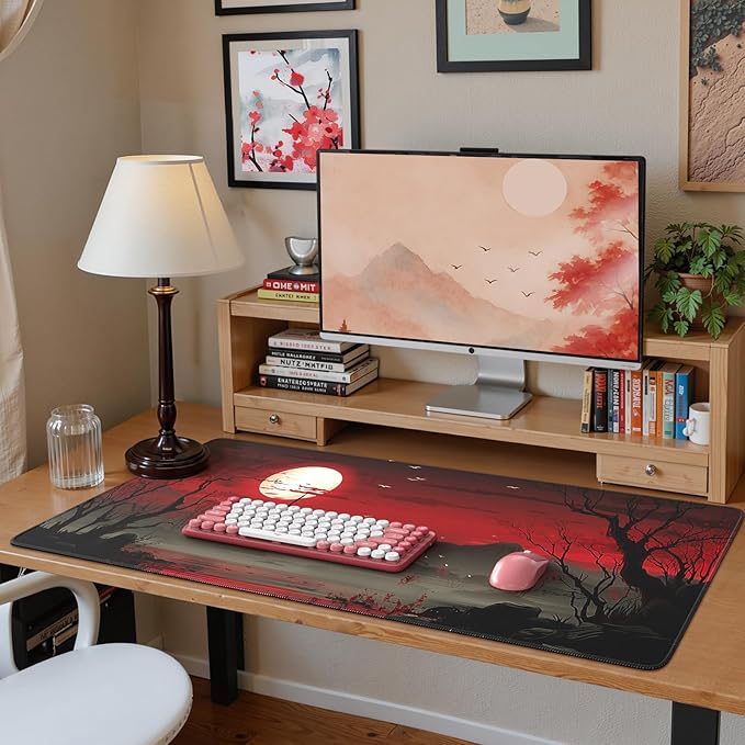 iCasso Desk Protector Mat, Large Japanese Mouse Pad, Stable Rubber Base Mousepad with Stitched Edges, Keyboard Mouse Mat Desk Pad for Work, Game, Office, Home(Full Moon)