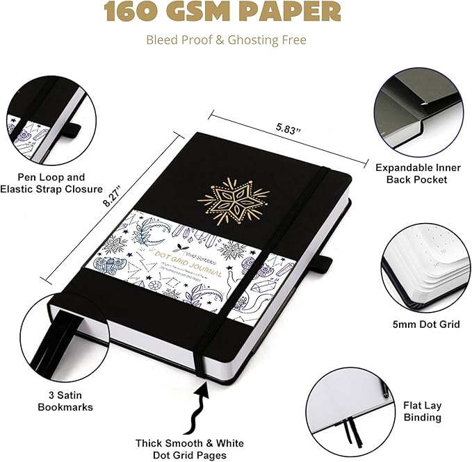 Dotted Journal – 160gsm Bleed Proof Thick White Paper – 200 Numbered Dot Grid Pages – 5.8 x 8.3 inch Bullet Dotted Notebook