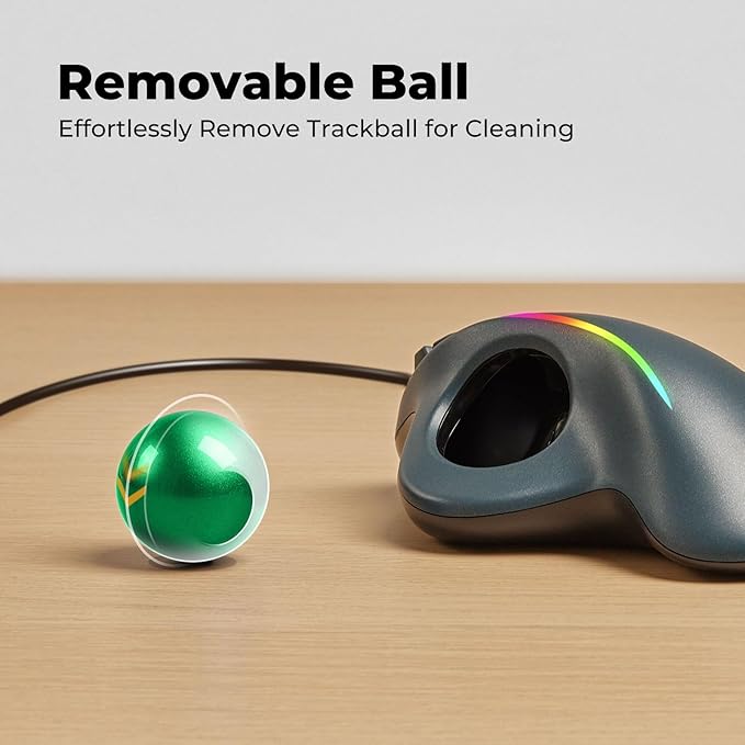 Wired Trackball Mouse with RGB Lighting, Ergonomic Thumb Control to Reduce Muscle Strain, 5 Adjustable DPI, Dual USB-C & USB-A Connectivity, Compatible with PC, Laptop, Mac, Windows-Green