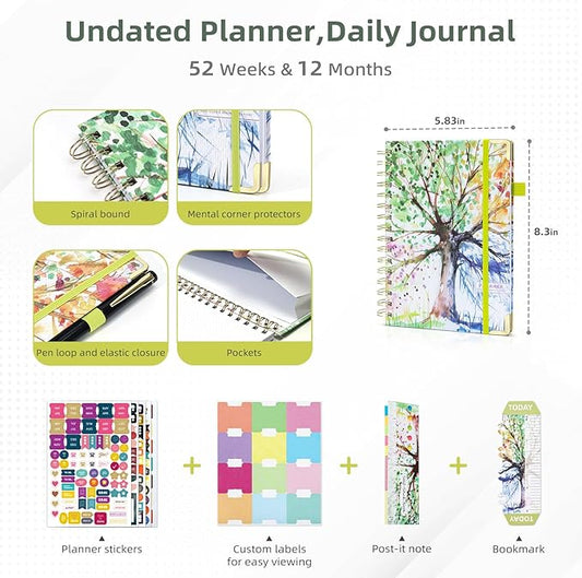 Ospelelf Undated Planner Daily Spiral Binding Weekly Monthly Hardcover Mini Academic Planners with Stickers 12 Months Productivity Aesthetic Journey Booklet Size Colorful Tree