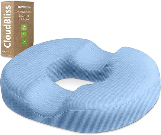 CloudBliss Donut Pillow Seat Cushion Chair Pad for Tailbone Pain Relief and Hemorrhoids, Memory Foam Seat Chair Cushion for Men and Women for Home & Office, (Light Blue-2XL)