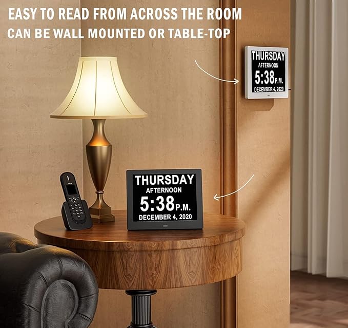 Véfaîî 19 Alarms Dementia Clock 8 Inch Large Display, Auto DST, 10 Levels Auto Dimmable, Non-Abbreviated Date and Day Calendar Clock for Seniors, with Power Adaptor, Picture Frame Feature