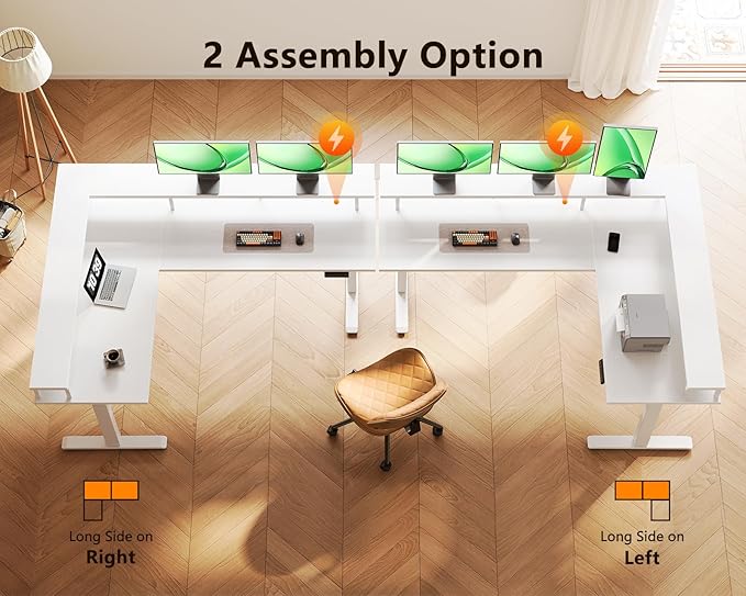 AODK Electric L Shaped Standing Desk, 59 Inch Height Adjustable Stand Up Desk with Power Outlets ＆ Full Monitor Stand, Reversible Corner Desk for Home Office ＆ Computer Workstation, White