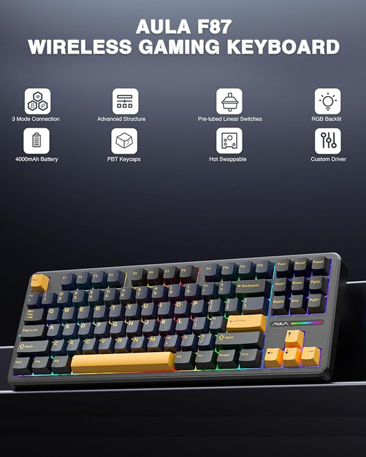 AULA F87 Wireless Mechanical Keyboard, 75% TKL Custom Hot Swappable Gaming Keyboards with PBT Keycaps, Pre-lubed Greywood Switches, RGB Backlit Creamy Keyboard, 2.4GHz/USB-C/BT5.0
