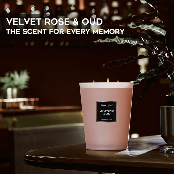 HomeLights Scented Candles | Large Jar Candle-33.3 Oz. Natural Soy Aromatherapy Candles | Up to 130 Hours Burn Time with 3 Cotton Wicks, Home Decorative Fragrance Candles Gift - Velvet Rose Oud
