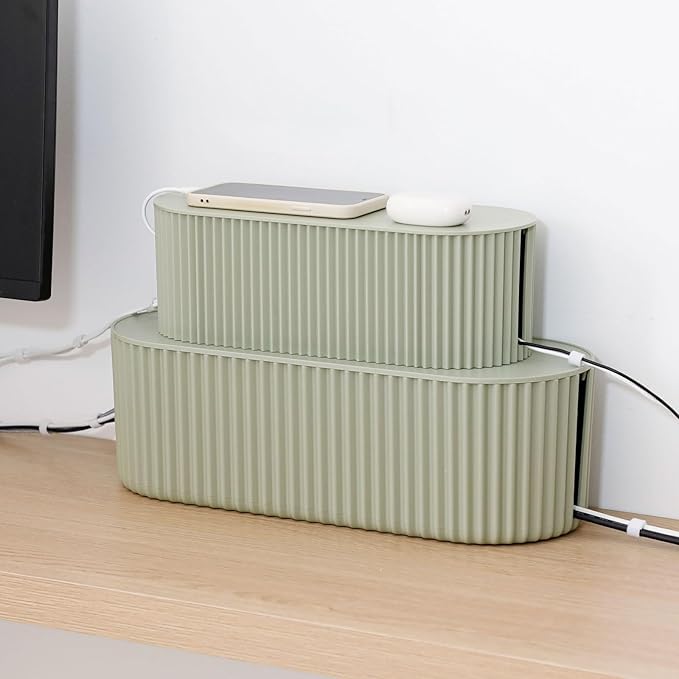 Green Cable Management Box, Power Strips Hider Cover Under TV and Desk for Home, Office, School Use, Plastic Surge Protector Cover on Floor, Electronics Cord Bin with Lid (Large)