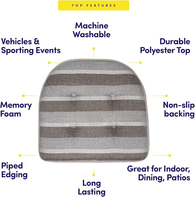 Sweet Home Collection Chair Cushion Memory Foam Pads Tufted Slip Non Skid Rubber Back U-Shaped 17" x 16" Seat Cover, 12 Count (Pack of 1), Bradford Silver/Brown