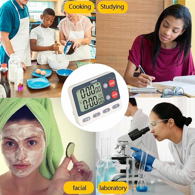 Digital Dual Kitchen Timer, 2 Groups Cycle Countdown Timer, ON/Off Memory Function, Loud Volume Flashing Light Alarm with Magnetic Back, Stand, Battery Included