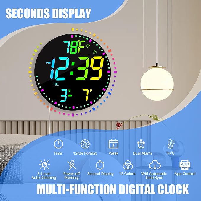 Kasbin 12” Smart Digital Wall Clock with App Control, Auto Brightness, Dual Alarm, Date/Temp(°F/°C) Display - 12 RGB Colors for Bedroom, Living Room, Office, Ideal Gift for Seniors