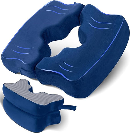 SAHEYER Bed Sore Cushions for Butt, Memory Foam Hemorrhoid Pressure Relief Pillow with Center Hole and Tailbone Cutout, for Long Sitting Coccyx, Sciatica, Postpartum, Pregnancy, After Surgery, Blue