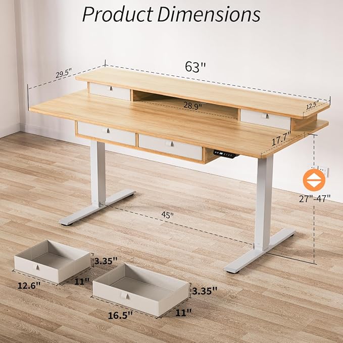 Standing Desk with Fast Charging USB Ports, 63" x 30" Height Adjustable Home Office & Gaming Desk, Sit Stand Desk with Built-in Storage Shelf, Hook & Ergonomic Design(Maple)