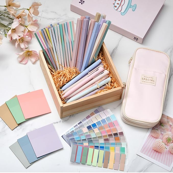 135 Pcs Book Annotation Kit Aesthetic Pencil Case Bag with 12 Highlighter 11 Gel Pen 1 Marker 300 Sheets Transparent Sticky Notes Pads 2640 Index Tabs Bible Study Supplies for School Gift(Pink)