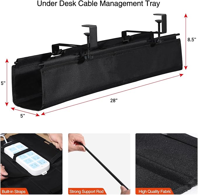 MAXECHO Under Desk Cable Management Tray 28" - Clamp on Wire and Cable Organizer for Storage and to Hide Cords - Ideal for Home Office - Premium Black Fabric Design