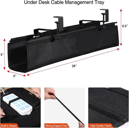 MAXECHO Under Desk Cable Management Tray 28" - Clamp on Wire and Cable Organizer for Storage and to Hide Cords - Ideal for Home Office - Premium Black Fabric Design
