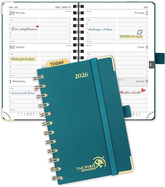 POPRUN 2026 Planner (Pocket Size 4''x 6.25'' Wire-Bond Hard Cover) Calendar Weekly and Monthly (Jan.2026-Dec.2026) Small Planner with Hourly Time Slots, for Purse, 100 GSM - Pacific Green