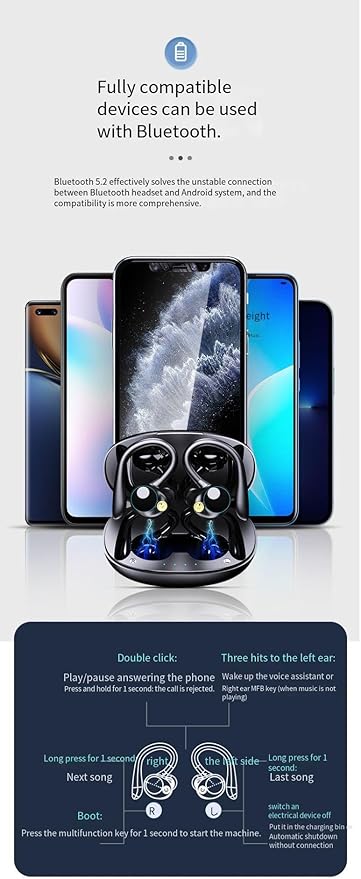 Ear Buds Wireless Bluetooth Earbuds Sports Earhooks Headphones,ENC Noise-Canceling Stereo High Fidelity Sound and Long Battery Life,Mics Clear Call,IPX6 Waterproof Headset,Ergonomic for Gym/Running