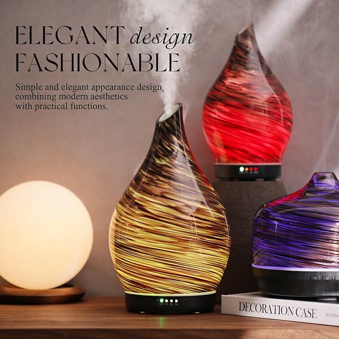 Porseme 280ml Essential Oil Diffuser Glass Color Changing Aroma Air Diffusers Aromatherapy Ultrasonic Cool Mist Humidifier 7 Running Hours Waterless Auto-Off for Sleeping, Yoga, Office (Dark Golden)