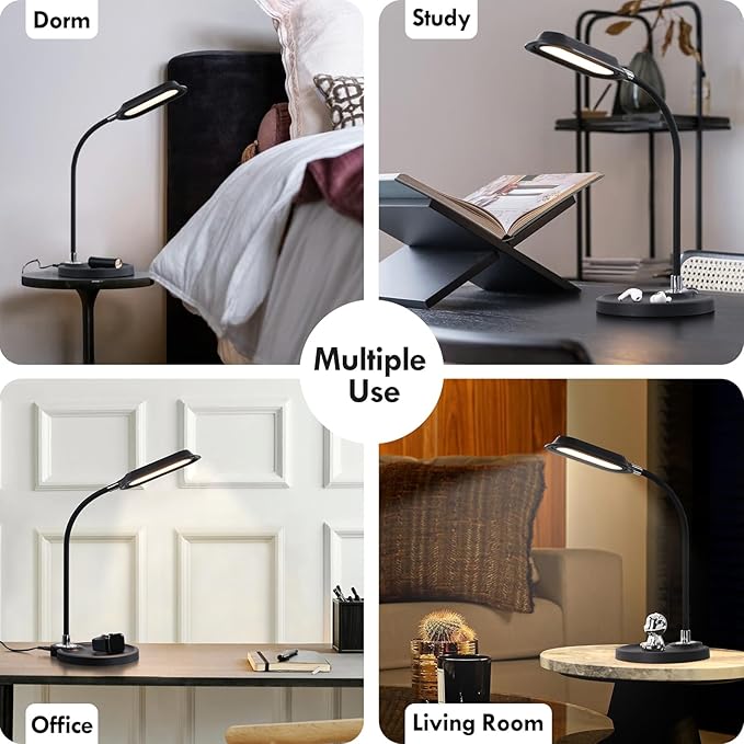 WILIT LED Desk Lamp, 800LM Bright Dimmable Table Lamp with 3 Color Modes, Bedside Lamp with Storage Base, Study Lamp with Adjustable Gooseneck, Reading Lamps for Home Office Dorm (Black)