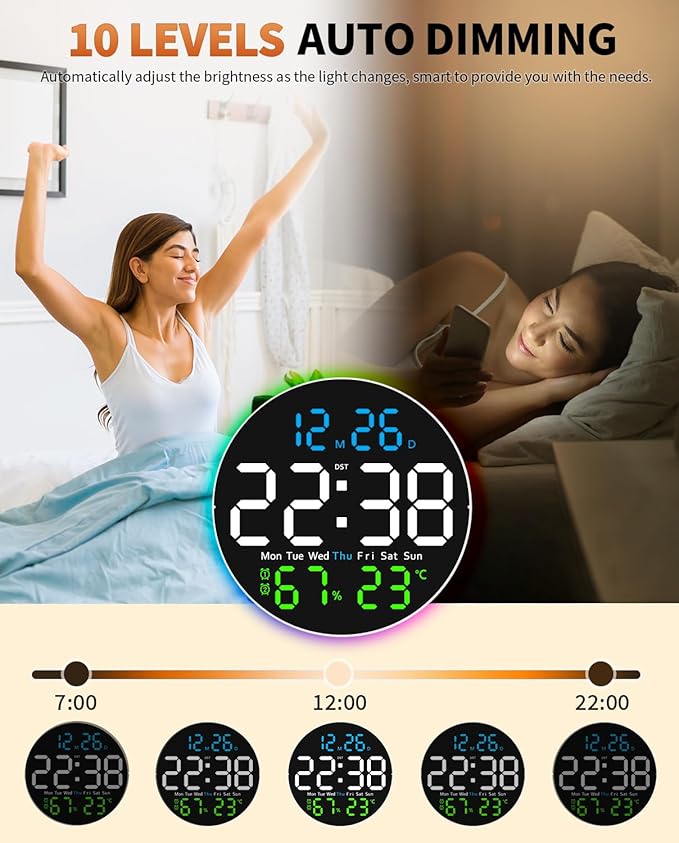 10 Inch Large Digital Wall Clock with 9 Color Changing Remote Control, Date Week Temperature, Auto Brightness Dimmer Clock Night Lights,Blue+Green
